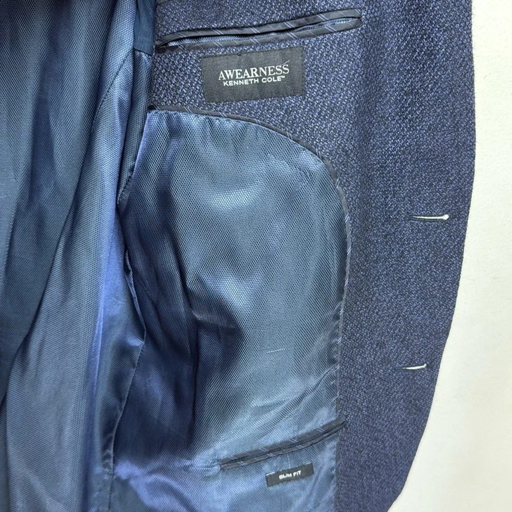 (R1) Kenneth Cole Awearness Slim Fit Navy Wool Sport Coat, Size 46 L men’s